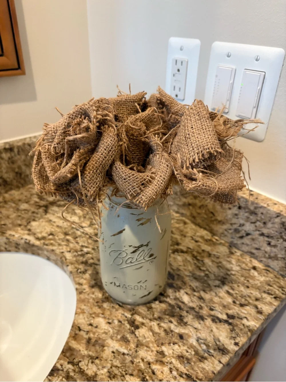 Mason Painted Jar Vase with Burlap Flowers - Cream